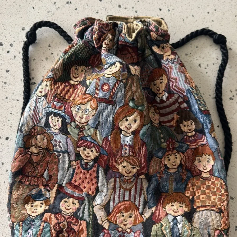 Vintage Children All Around the World Tapestry Drawstring Backpack Handmade Bag